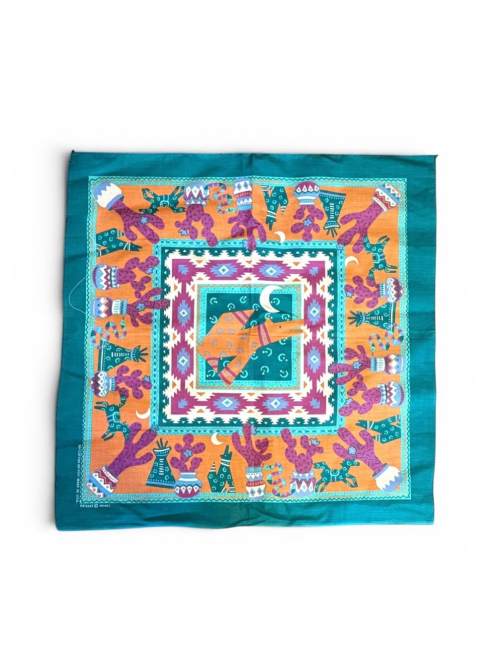 Vintage 80s Springs Southwestern Coyote Cactus Bandana Teal USA RN16463 21x21